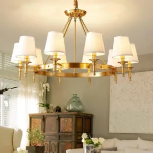 Brass Chandelier Vintage Fabric LampShade Mid century Round Candelabra Living Room Bedroom Decor kitchen pendant light fixtures