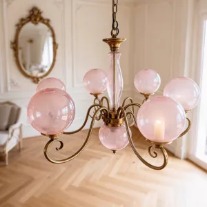 Mid Century Pink Glass Chandelier French Wrought Iron Hanging Lamp For Living Room Bedroom Kitchen Vintage Girl Room Decor Light