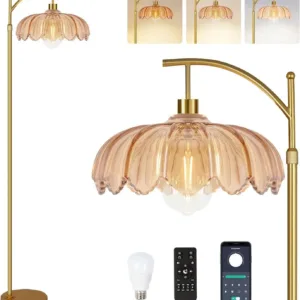 Mid‑Century‑Modern Gold‑Tone Arc‑Style Tall Standing Floor Lamp, Glass Lampshades, Remote‑Control, 3 Color‑Temperature Modes, Vintage‑Style Lamp for Living‑Room & Bedroom