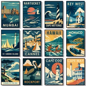 Vintage Travel Coastal City Island Cannes Mumbai Hawaii Seascape Poster Canvas Painting Wall Art Pictures Home Decor