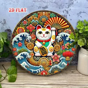 2D Flat 1pc Japanese Style Round Aluminum Sign, Lucky Cat Pattern Metal Tin Sign - Colorful Pattern Rustic Metal Wall Art, Tradi