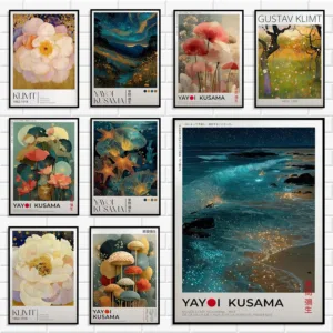 Yayoi Kusama & Klimt Style Art Print Collection Colorful Floral Starry Night & Ocean Wave Canvas Posters Abstract Home Decor