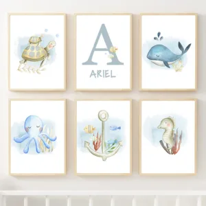 Marine Organism Custom Baby Name Wall Art Mural Print sea turtle whale octopus Canvas Painting Poster Decor Pictures Kids Room