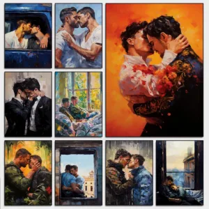 classic Gay Muscular Man Couple Autumn Lovers kiss Vintage Poster Canvas Printing Wall Art Pictures for Living Room Home Decor