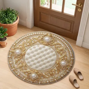 Luxury Golden Baroque Pearl Round Rug - Elegant Royal Carved Tufted Style Circle Floor Mat for Living Room Bedroom Home Decor