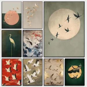 Sage Green Gold Japandi Art Print Flying Birds Wall Art Abstract Sun Art Living Room Decor Japanese Wall Art Bedroom Decor Gi