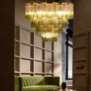 French gradient green glass chandelier long tube Murano Glass lamp Design Vintage Hanging Lamp Living Room Staircase hall lamp