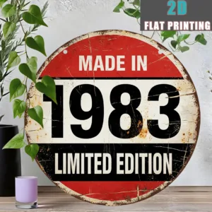 2D Flat, 1pc 1983 Vintage Metal Aluminum Sign - 8"x8" Retro Wall Decor with Red & White Striped Background, "MADE IN 1983" Text,