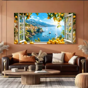 1PC-Canvas poster Unframed Window View Lemon Tree Mediterranean Sea Sailboats Mountain Village Summer Scene Art Print summer