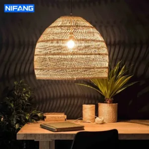 Vintage Rattan Cloche Pendant Lamp Hand Woven Chandelier Natural Fiber for Living Room Kitchen Island Cafe Decor