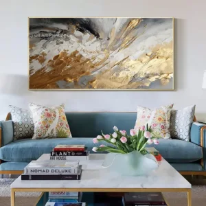 Handmade Abstract Grey And Golden Thick Oil Painting On Canvas Original Artwork Gold Foil Artwork For Living Room Wall Decor