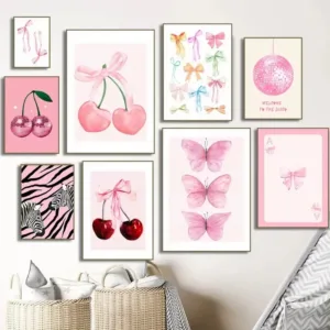 Minimalist Trendy Watercolor Pink Bows Cherry Disco Ball Zebra Wall Art Posters and Prints Canvas Painting for Home Decor