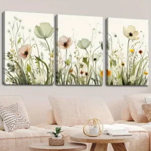 3 Pieces Sage Green Field of Flowers Canvas Art Print，With Wooden Frame - Modern Home Wall Decoration，，Reusable，Wra