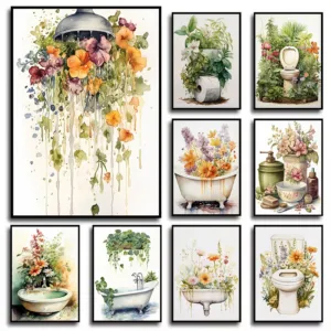 Watercolor Botanical Bathroom Bathtub Eucalyptus Shower Wildflower Poster Canvas Painting Wall Art Pictures Home Toilet Decor