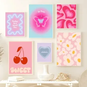 Minimalist Canvas Posters Pink Purple Danish Pastel Love Heart Cherry Butterfly Nordic Fashion Wall Art Home Living Room Decor