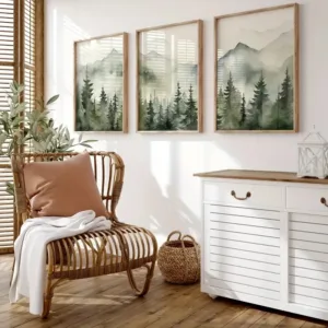 3pcs/Set Watercolor Sage Green Mountain Poster Pine Forest Painting Abstract Modern Simple Landscape Decoration Mountain Scenes