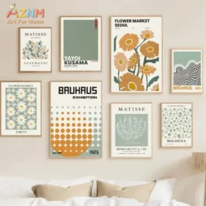 AZNM Sage Green Matisse Yayoi Kusama Bauhaus Flower Market Canvas Wall Art Retro Floral Abstract Exhibition Print Unframed Canva