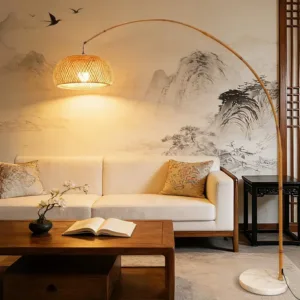 Wabi Sabi Arc Floor Lamp Natural Hand Woven Bamboo Lampshade Marble Base Curved Fishing Floor Light For LivingRoom Bedroom Decor