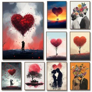 Couple Kiss Poster Romantic Love Tree Canvas Painting Print Wall Art Picture for Valentine's Day Living Room Home Decor