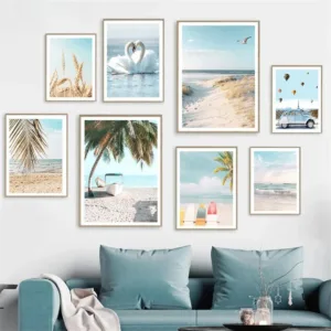 Summer Sea Beach Coconut Tree Surfboard Posters And Prints Seagull Swan Wall Art Canvas Painting Nordic Wall Pictures Home Decor