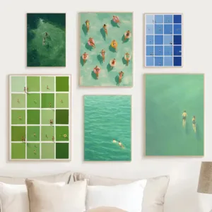 Retro Mid Century Green Checkboard Pool Girl Sunbathing Summer Vibes Poster Canvas Painting Wall Pictures Home Bedroom Decor