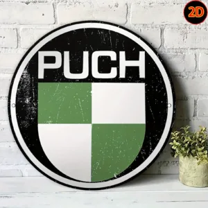 2D Flat - [2D Flat] Vintage PUCH Brand Metal Sign - 19.99cm Round Aluminum Wall Art with Green & White Checkered Design, Rustic
