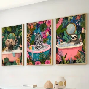 3pcs Tropical Animal Canvas Art Prints, Sloth Elephant Zebra in Bathtub, Wall Decor for Bathroom, Bedroom, Living Room Frameless