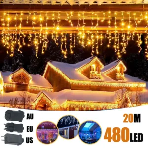 6.5200LED/20M480LED Icicle String Lights Christmas 40Drops 8 Modes, Plug in Curtain Waterproof for Holiday Wedding Party Garden