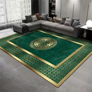 Luxury Green and Gold Medallion Area Rug Ornate Traditional Border Print Carpet Non-Slip Indoor Floor Mat for Living Room