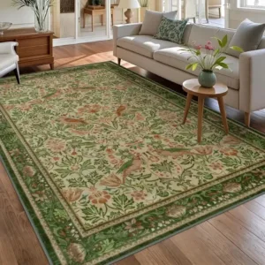 Floral Vintage Rug Distress Print Washable Non-Slip Carpet for Living Room Bedroom Dining Room European Retro Light Luxury Green