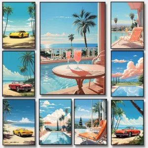 Summer Beach Swimming Pool Poster Print Palm Trees Ocean Red Sports Car Canvas Painting Wall Art Pictures Room Home Decor Gift