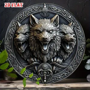 2D Flat, 1pc Wolf Faces Round Aluminum Sign - 19.99x19.99 cm Celtic Knotwork Metal Wall Art with Three Wolf Heads, Mythical Desi