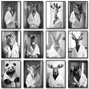 Funny Bathroom Wall Art Decor Poster Quirky Animal Art Canvas Painting Panda in A Bathrobe Print for Living Room Home Decoration
