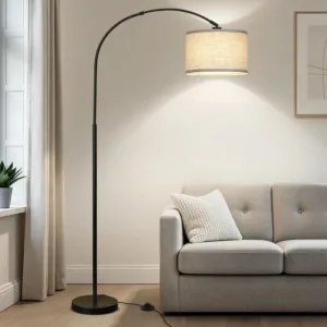Black Modern‑Arc Tall Pole Floor Lamp, Adjustable Hanging Drum‑Shade, Foot‑Switch Control, Over‑Couch Arched Reading‑Light, For Living‑Room, Bedroom & Office