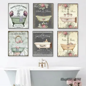 Vintage French Style Shabby Victorian Bathtub Canvas Painting Prints Posters Bathroom Wall Art Pictures Aesthetic Room Decor