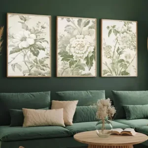 3Pcs/Set Art Classic Vintage Plant Print Sage Green Flower Wall Art Landscape Living Room Bedroom Home Office Framed Poster