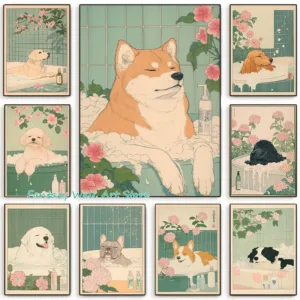 Japanese Shiba Dog in Bathtub Poster Prints Canvas Painting Retro Aesthetic Wall Art Picture Japandi Bathroom Toilet Home Decor