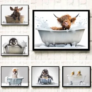 classic Abstract Beautiful Cute Animals lion Calf and Duck Bathtub bath Posters Canvas Prints Art Home Room Bathroom Wall Decor