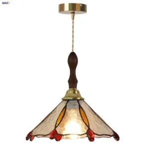 IWHD Walnut Wood LED Pendant Lights Vintage 2m Wire Adjustable Dining Room Light Loft Tiffany Glass Hanging Lamp Lampu Gantung