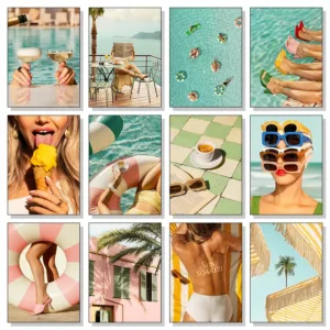 Summer Sunshine Beach Woman Surf Swimming Palm Trees Sea View Poster Travel Canvas Paintings Wall Art Pictures Home Decor