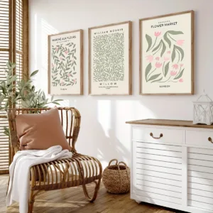 Botanical Modern Art Canvas Posters Neutral Floral Wall Decor  Gallery 3pcs Green Pink Sage Flower Prints