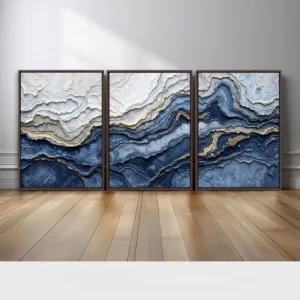 3Pcs Navy Blue Gold Textured Abstract Wall Art,Modern Coastal Ocean Wave Triptych Canvas Prints for Large Living Room Home Decor