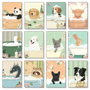 Small Animals Bathing In The Bathtub Posters Husky Orange Cat Hippo Panda Canvas Paintings Japanese Wall Bathroom Kitchen Decor