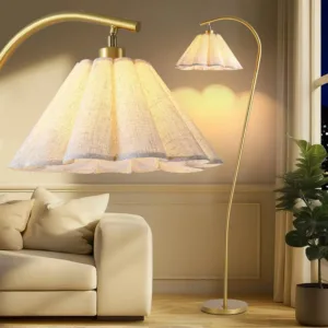 66.1‑Inch Gold‑Flax‑Tone Modern Flower‑Shaped Arc Tall Standing Floor Lamp, Pleated‑Linen Lampshade, Bulb Included, For Living‑Room, Bedroom, Office & Dining‑Room