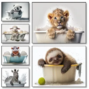 Cute Animals Baby in Bathtub Posters Elephant Panda Duck Prints Canvas Painting Bath Wall Art Picture for Living Room Home Decor