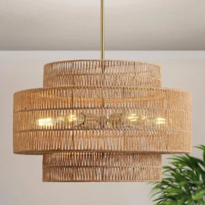 Winfordo Rattan Hanging Chandelier Light Fixture 6-Light Hand Woven Pendant Lamp for Kitchen Bedroom, Dining Room, Living Room