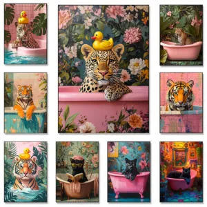 Colorful Tiger Cheetah Black Cat in Bathtub Wall Art Canvas Painting Abstract Pink Animals Prints Posters Living Room Home Decor