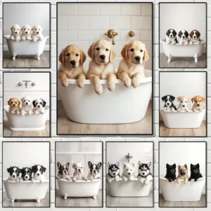 Fun Art Poster of Three Puppies in a Bathtub Adorable Animal Puppies Yorkie, Husky, Shepherd Canvas Art for Bathroom Home Decor