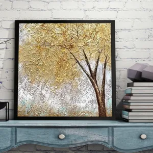 100% Hand Painted Abstract Art Landscape Picture, Canvas Artwork, Frameless, Tree Oil Paintings, Gold Foil Textured Design