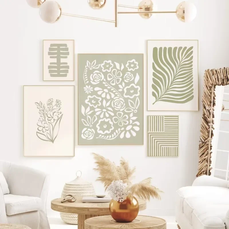 Sage Light Green Print Poster Bohemian Botanical Canvas Painting Nordic Minimalist Gallery Wall Art Home Bedroom Decoration